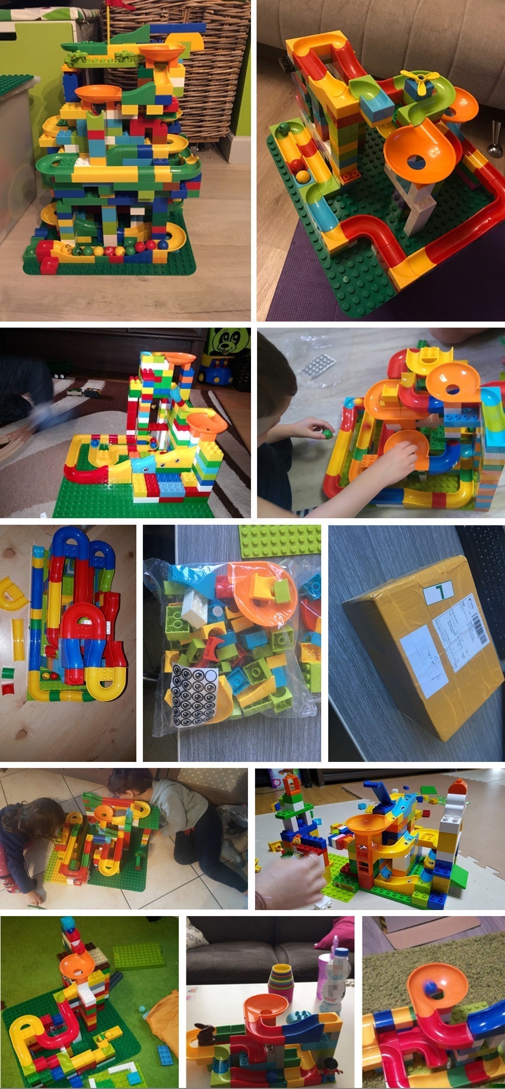 Overview of a completed interactive marble run track building blocks set, an engaging and educational STEM toy for children