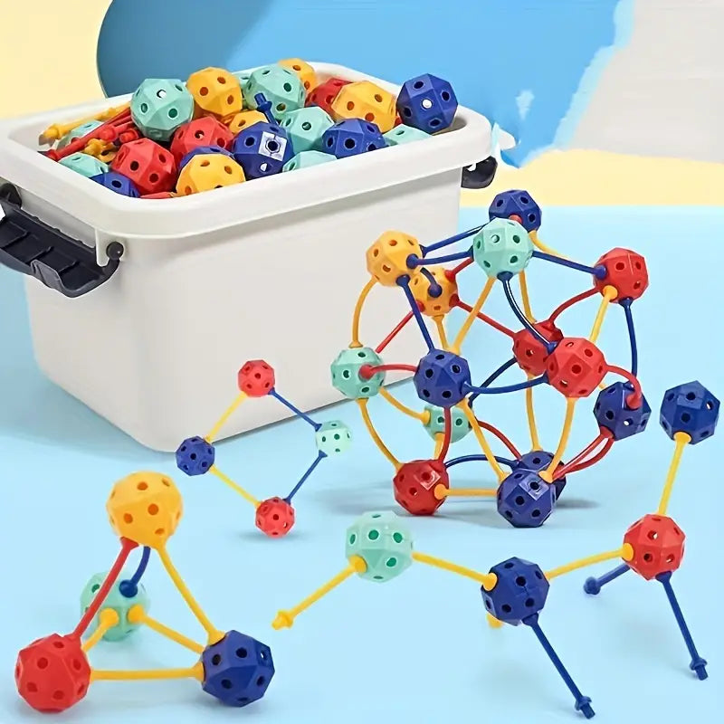 Kids building colorful 3D structures with flexible geometric block set, promoting STEM learning and creativity.
