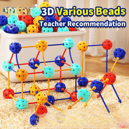 Child connecting vibrant, flexible geometric building blocks into complex 3D shapes, an educational toy.