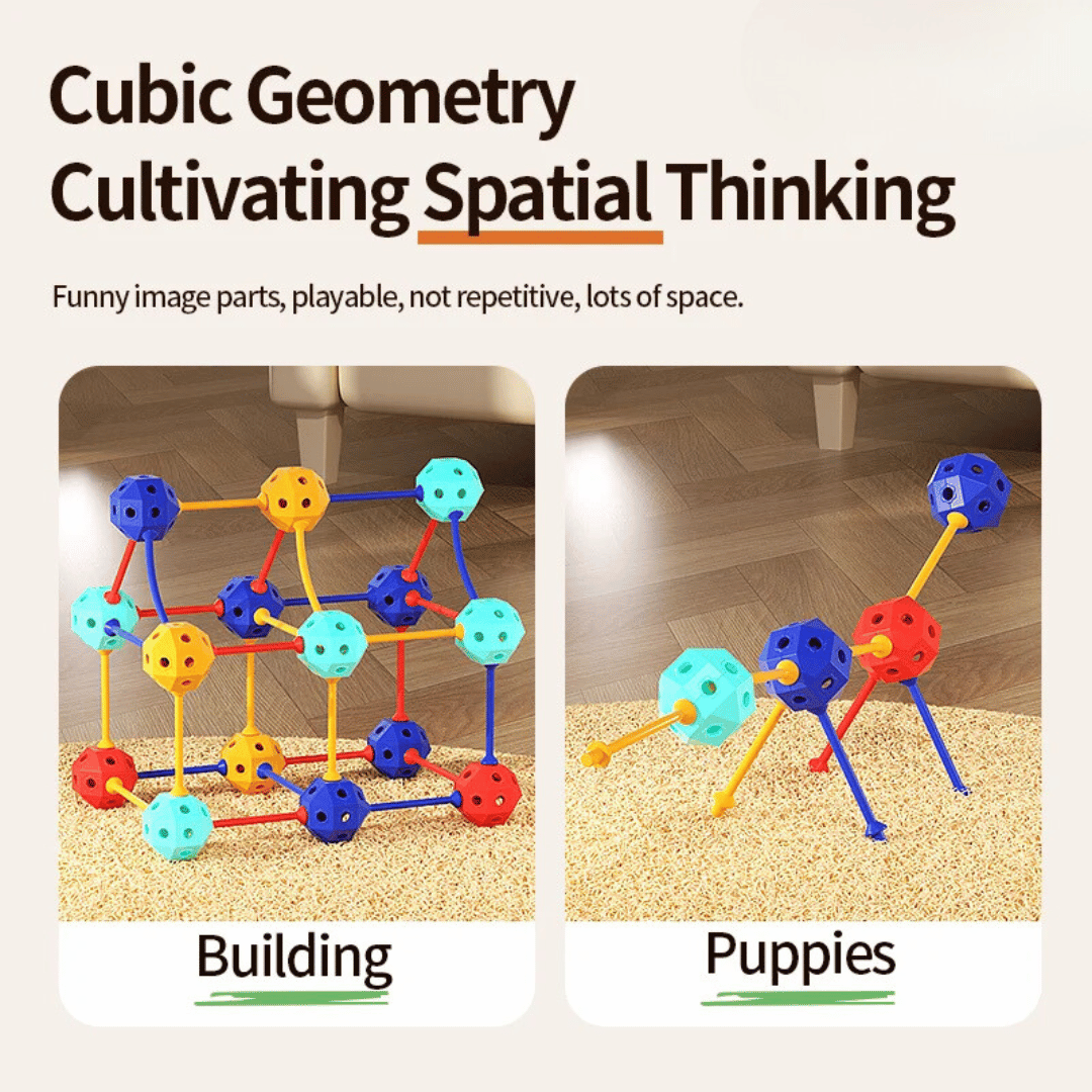 Overhead view of various 3D geometric shapes created with a kids' flexible building block set, creative play.