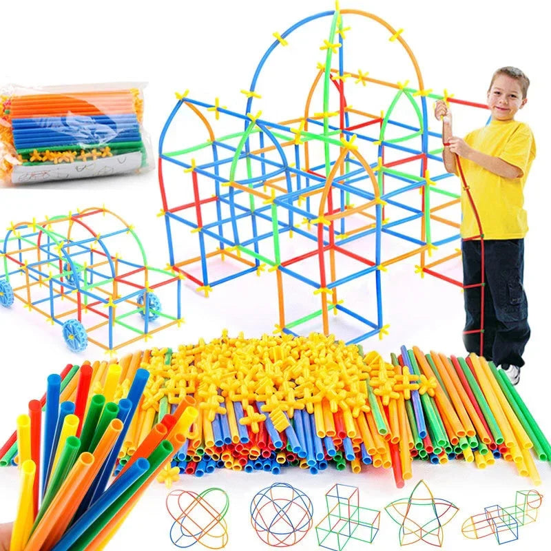 Kids building straw construction set toy, fostering fine motor skills and imagination in a colorful setup.