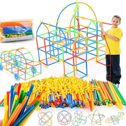 Kids building straw construction set toy, fostering fine motor skills and imagination in a colorful setup.