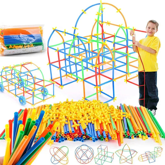 Kids building straw construction set toy, fostering fine motor skills and imagination in a colorful setup.