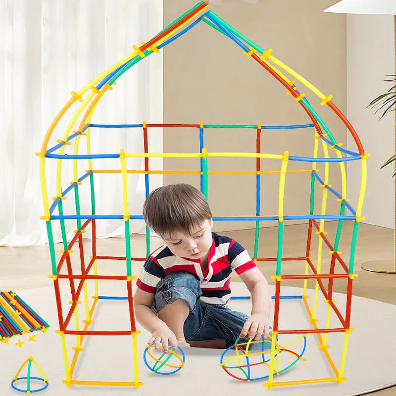 Colorful straw building set for kids, a STEM toy promoting educational play and creativity in children.