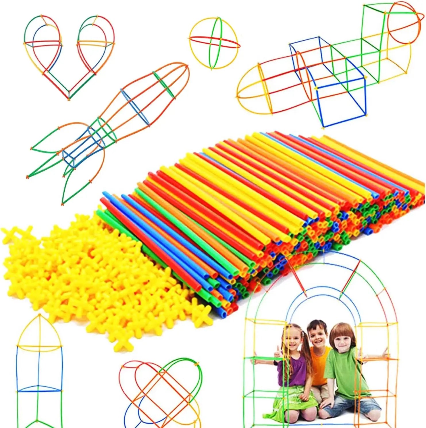 Child connecting building straws, demonstrating problem-solving with a creative construction toy gift.