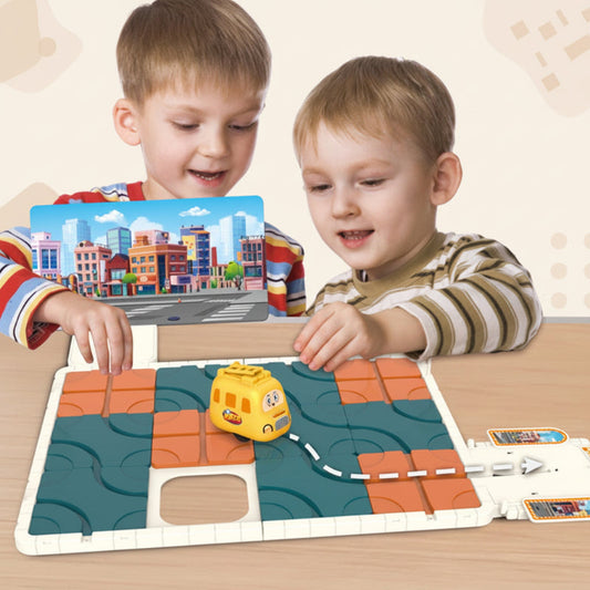 Kids building train tracks with colorful pieces, educational logic puzzle game for problem-solving fun