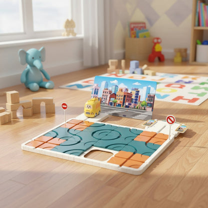 Educational train track game for kids, featuring various puzzle pieces for logical thinking development