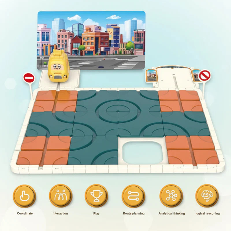 Family playing train track logic game, a fun educational activity promoting concentration and brainpower