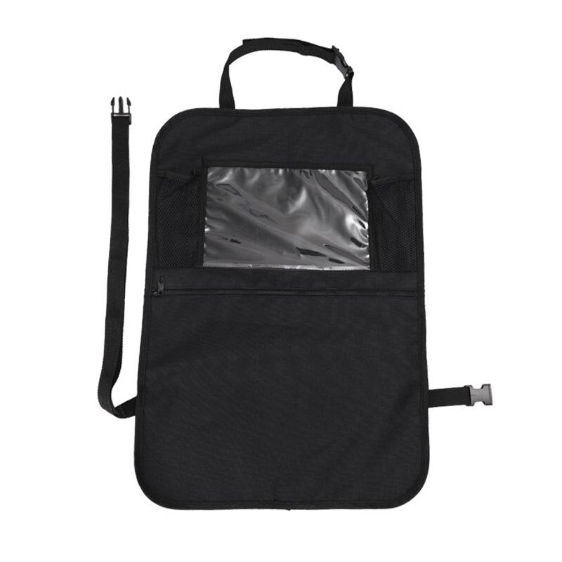 Durable oxford cloth car seat back organizer with multiple storage pockets for kids' travel essentials & toys.