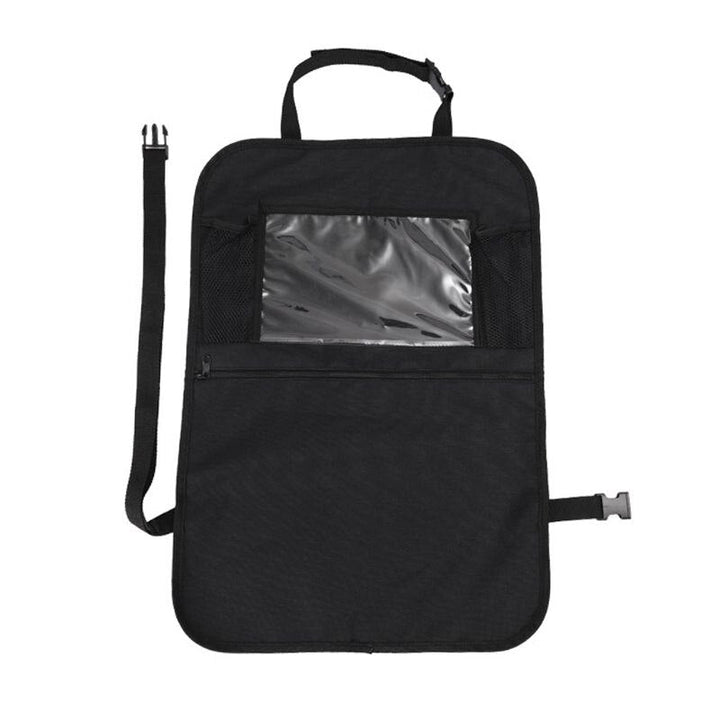 Durable oxford cloth car seat back organizer with multiple storage pockets for kids' travel essentials & toys.
