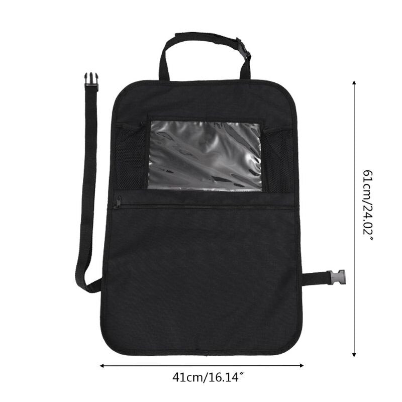 Children's car backseat organizer, durable storage pockets for tablets & toys, keeps vehicle tidy for road trips.