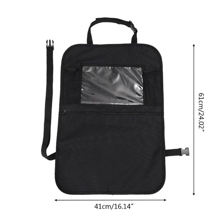 Children's car backseat organizer, durable storage pockets for tablets & toys, keeps vehicle tidy for road trips.
