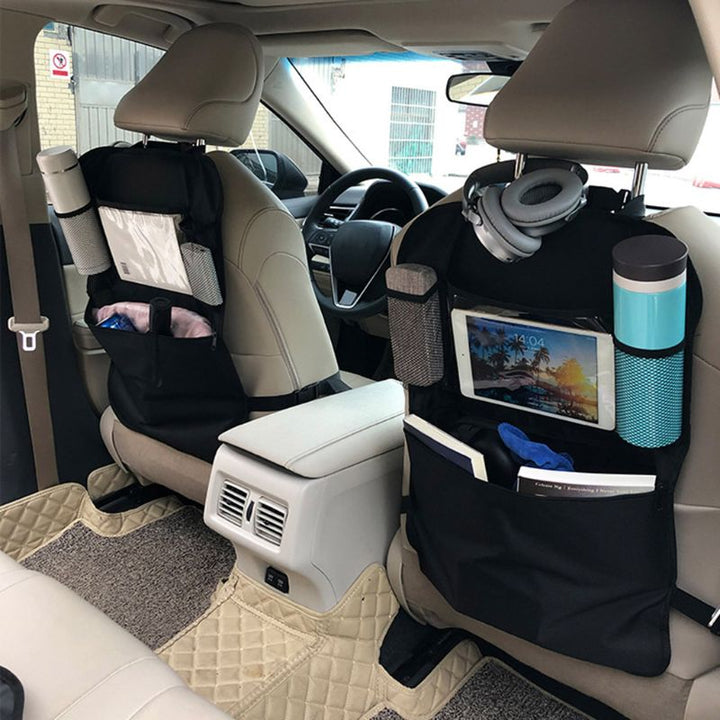 Auto accessory: Kids' car seat back protector & organizer with ample storage pockets for children's travel needs.