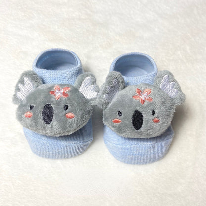 Close-up of a cute fox cartoon doll sock for kids, soft cotton toddler apparel