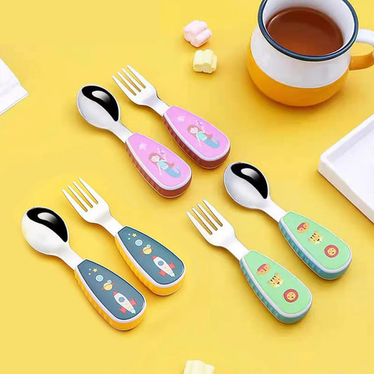 Kids Cartoon Fork & Spoon Set, stainless steel with animal design for self-feeding toddlers