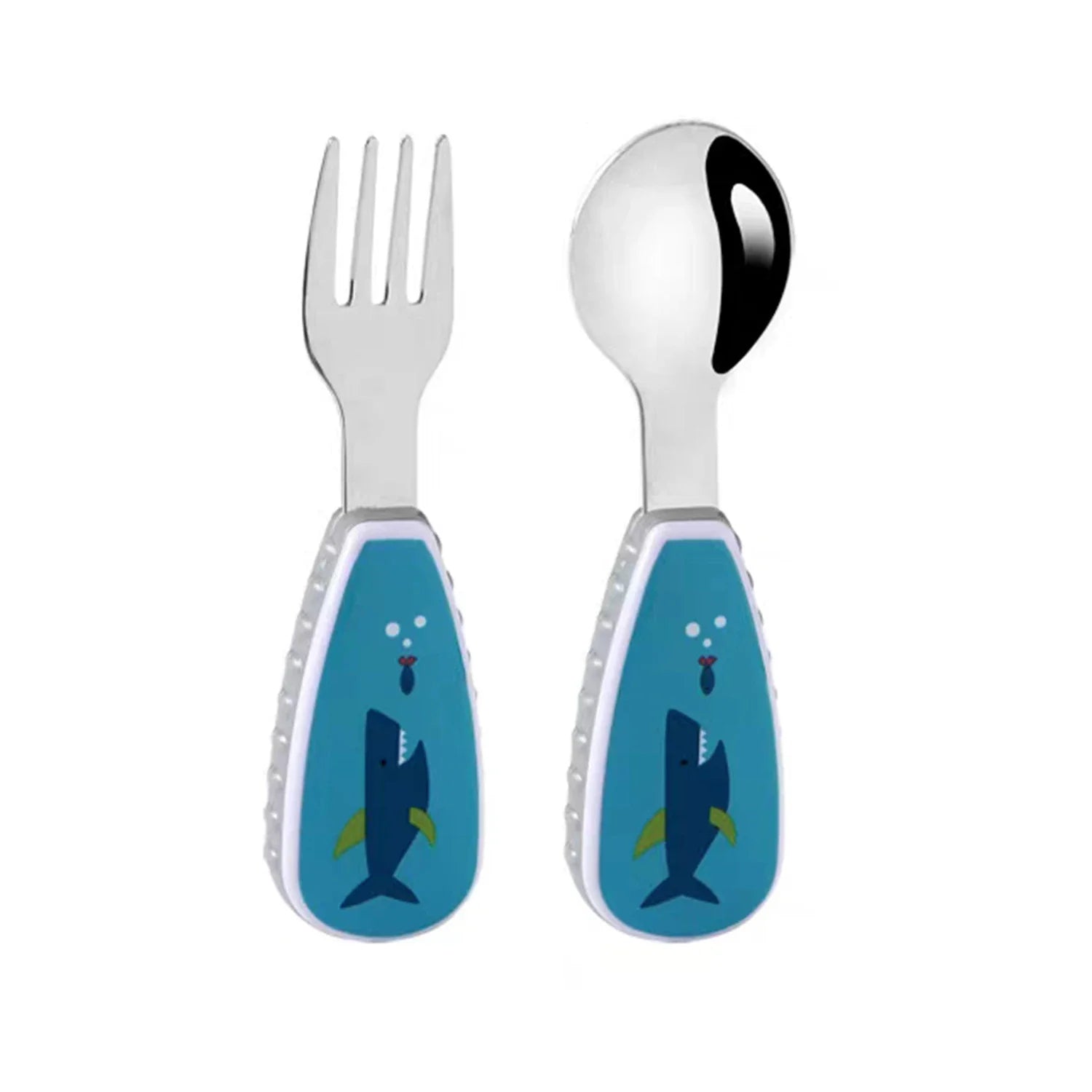 Packaging of the Kids Cartoon Fork & Spoon Set, highlighting the self-feeding features
