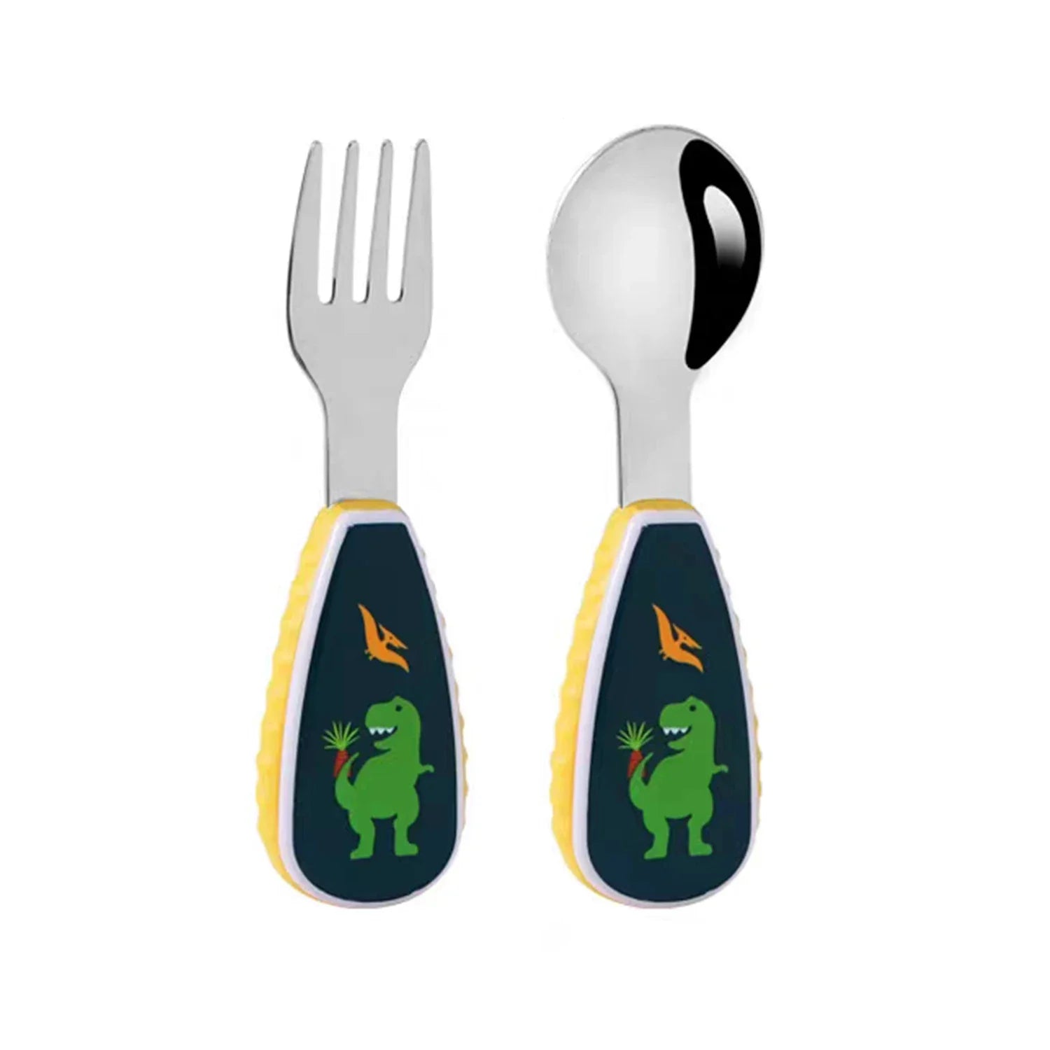 Child actively self-feeding with the easy-to-hold cartoon pig fork from the set