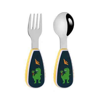 Child actively self-feeding with the easy-to-hold cartoon pig fork from the set