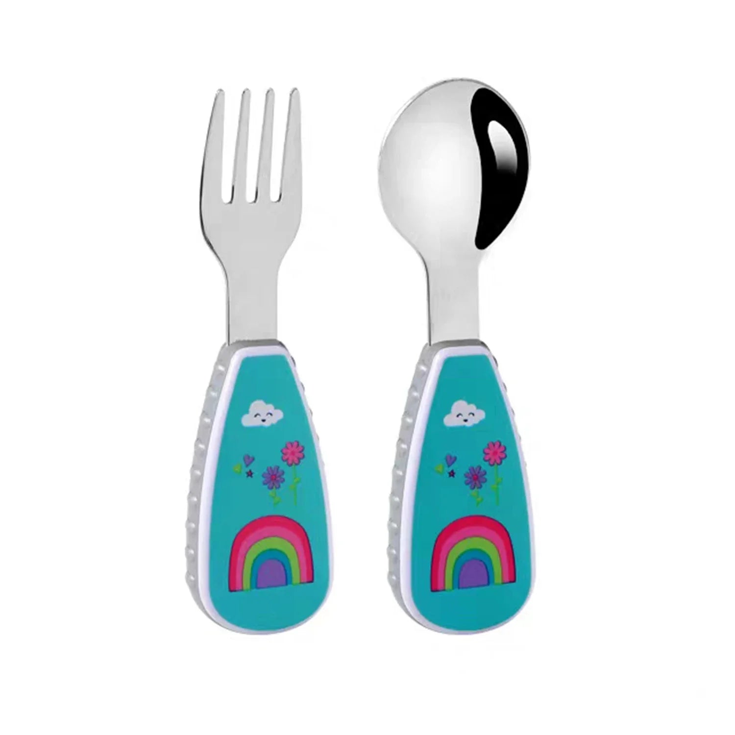 Close-up of the polished stainless steel tips of the kids' cartoon fork and spoon