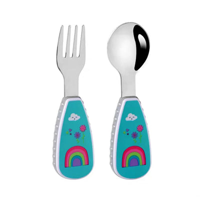 Close-up of the polished stainless steel tips of the kids' cartoon fork and spoon