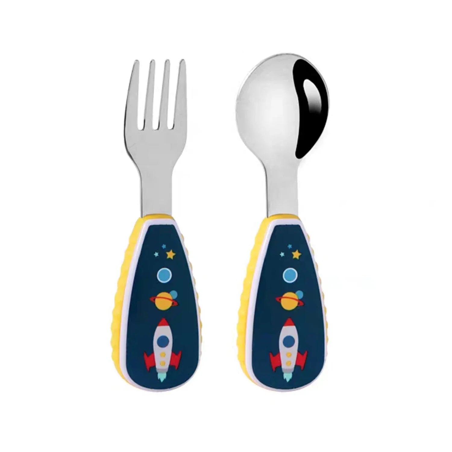 Assortment of cartoon animal designs on handles of kids' stainless steel self-feeding utensils