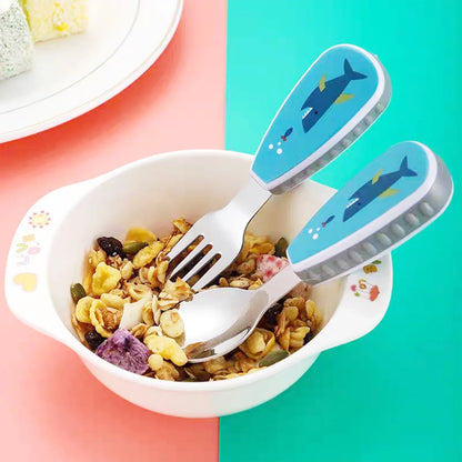 Baby's first cutlery: cartoon cat design stainless steel fork and spoon set for easy grip