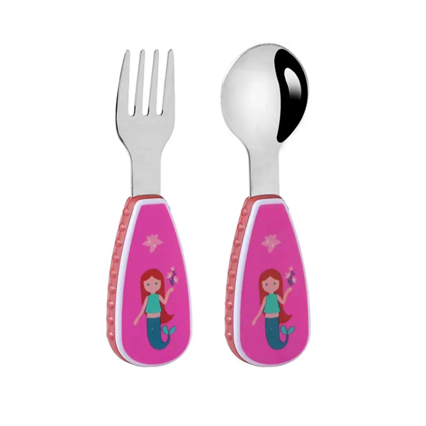 Kids' mealtime fun with a complete cartoon character fork and spoon set on a high chair tray