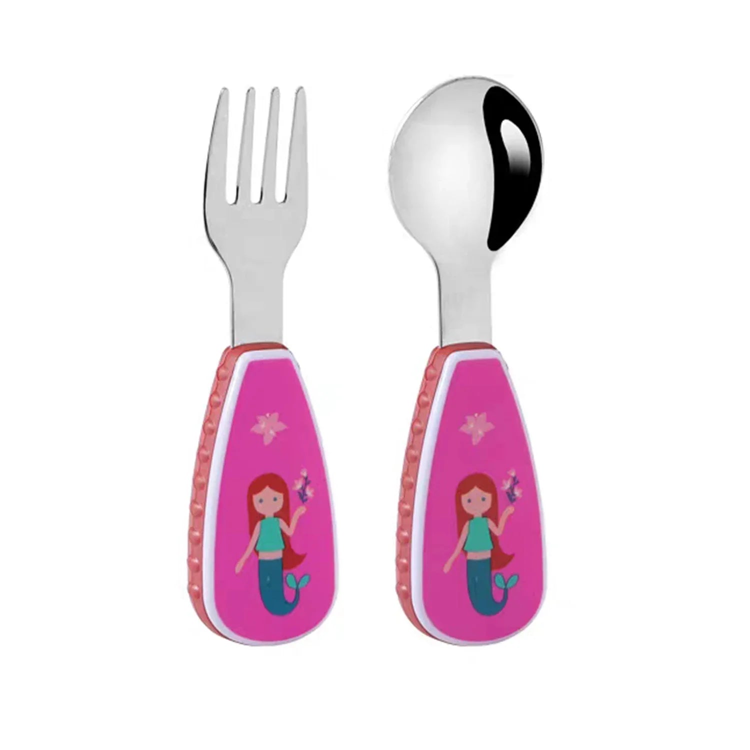 Kids' mealtime fun with a complete cartoon character fork and spoon set on a high chair tray