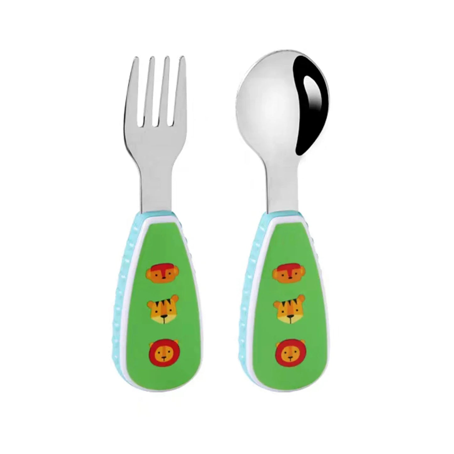 Durable stainless steel kids cutlery with a cute cartoon elephant handle, ideal for toddlers
