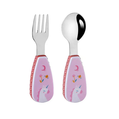 Two-piece baby utensil set featuring a cartoon dog spoon and fork for independent eating