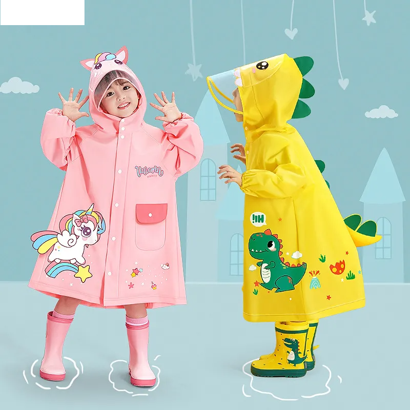Kids' cartoon raincoat with hood & portable storage bag for boys and girls, waterproof