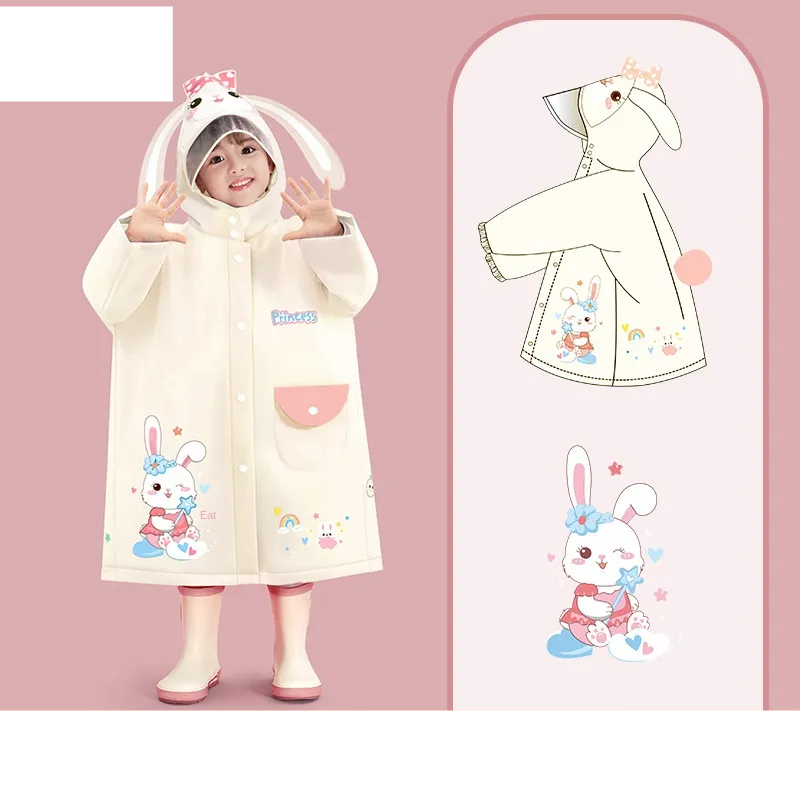 Side profile of a child wearing a stylish cartoon raincoat, perfect for toddler rain gear