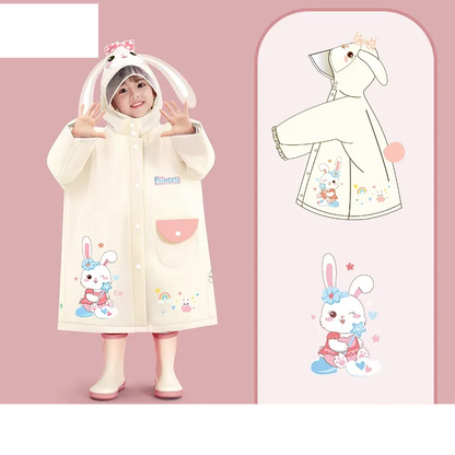 Side profile of a child wearing a stylish cartoon raincoat, perfect for toddler rain gear