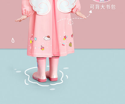 Kids' raincoat laid flat to show its full cartoon print design and spacious fit, children
