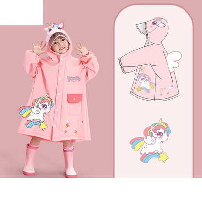 Close-up of vibrant cartoon print on a child's waterproof raincoat, ideal for outdoor play