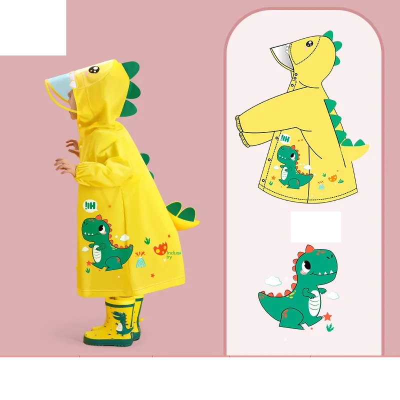 Toddler wearing a yellow cartoon raincoat and matching bag, ready for rainy day adventure