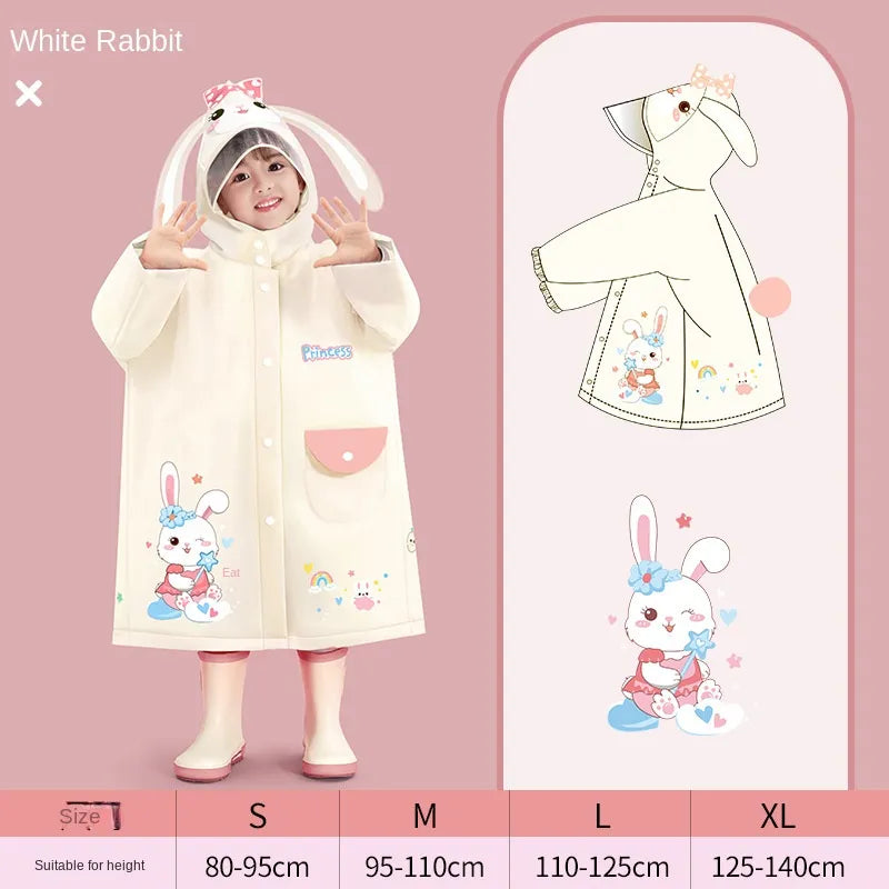 Back view of a kids' cartoon rainwear showing hood detail and full waterproof coverage