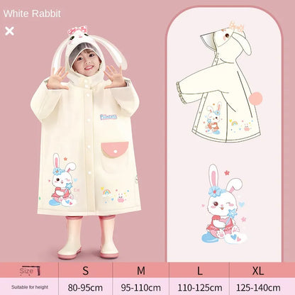 Back view of a kids' cartoon rainwear showing hood detail and full waterproof coverage
