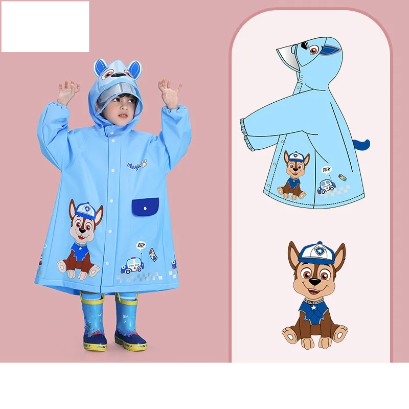 Group of happy children playing outdoors in colorful cartoon raincoats, rain protection