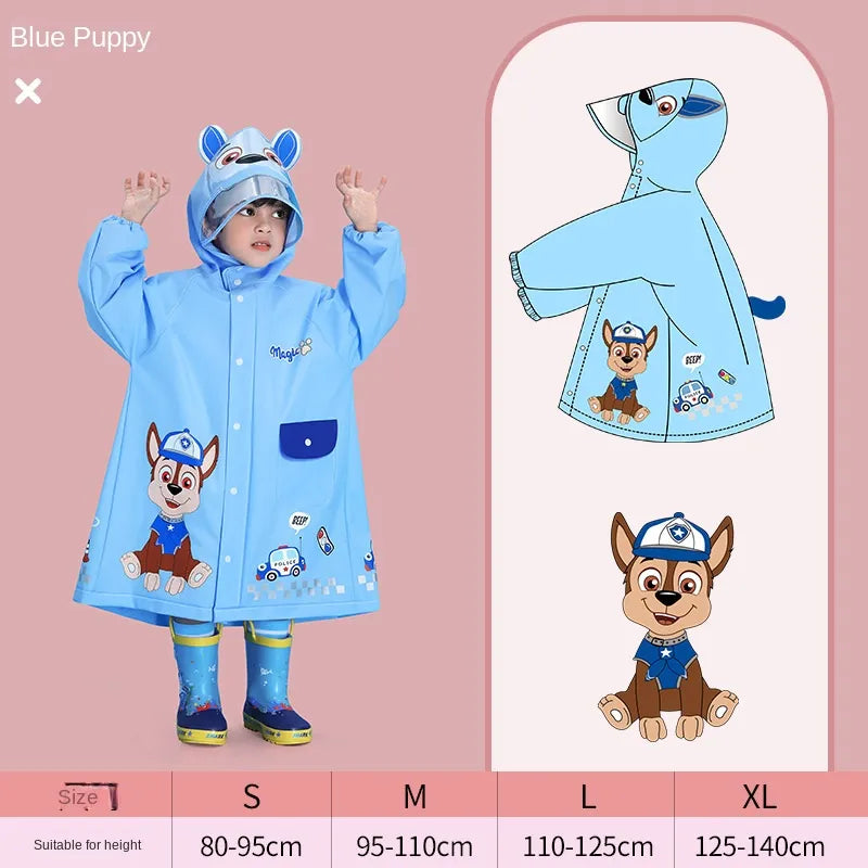 Cartoon raincoat with full zipper closure and snap buttons, secure and practical for kids