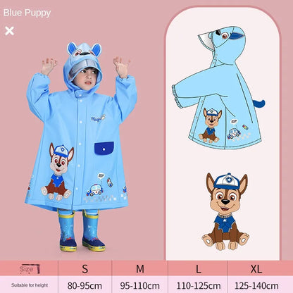 Cartoon raincoat with full zipper closure and snap buttons, secure and practical for kids