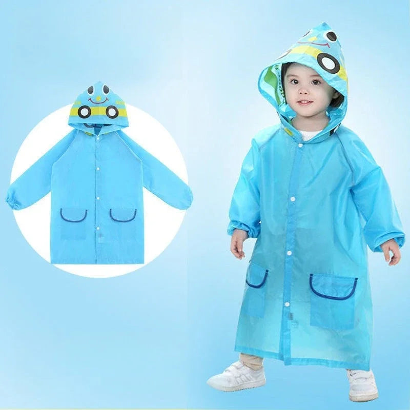 Kids cartoon waterproof rain poncho cape with hood, pink, green, yellow, red, blue, unisex toddler rain gear