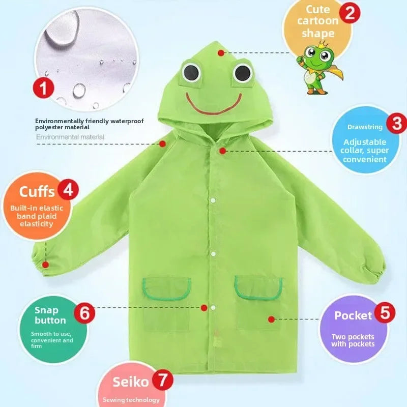 Unisex kids raincoat, hooded and waterproof, featuring a vibrant cartoon pattern for outdoor play