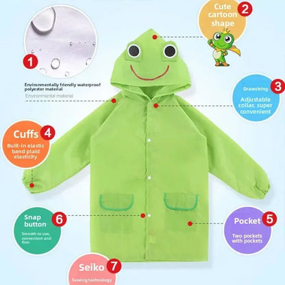 Unisex kids raincoat, hooded and waterproof, featuring a vibrant cartoon pattern for outdoor play