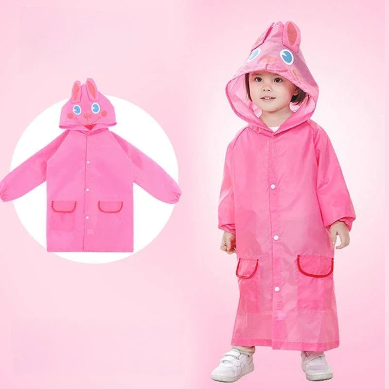 Yellow kids rain cape, hooded and waterproof, featuring a cute cartoon design for toddlers