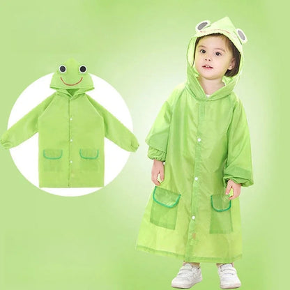 Red waterproof cartoon rain poncho with hood for children, durable toddler rain gear