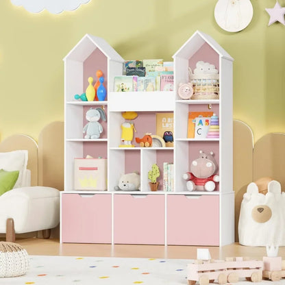Pink and white castle dollhouse bookshelf with pull-out rolling drawers for kids' bedroom storage