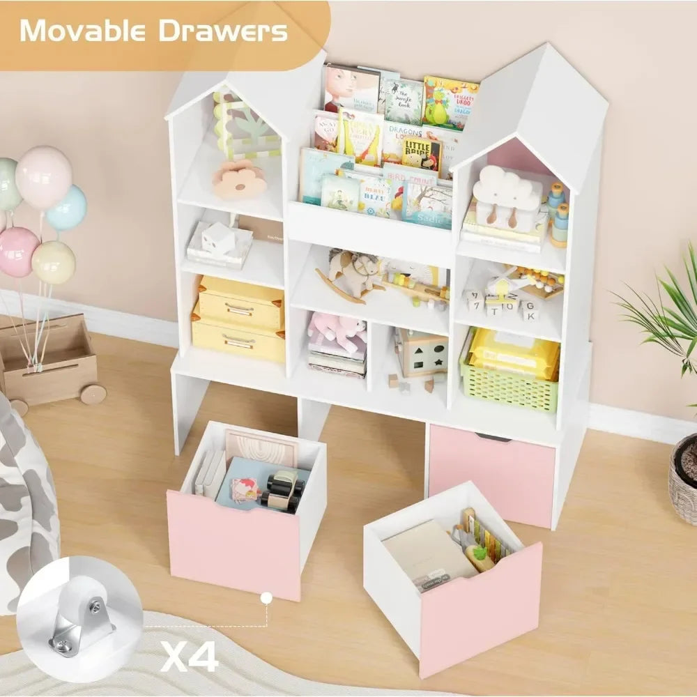 Children's room castle toy organizer and bookshelf, featuring multiple shelves and rolling storage bins