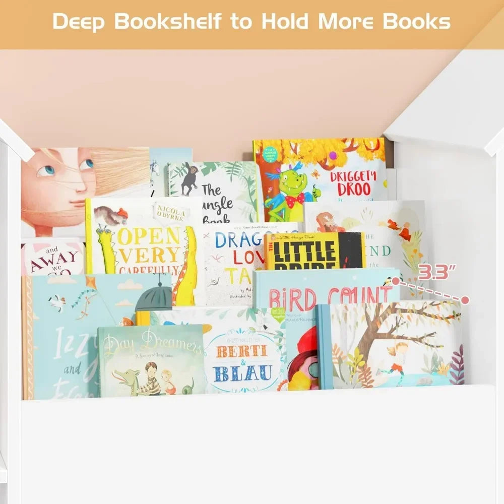 Kids storage castle furniture piece, white and pink, with spacious shelves and easy-glide rolling drawers