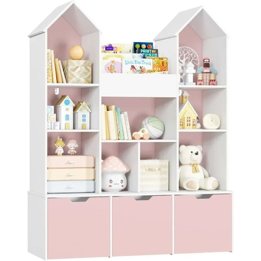 Playroom organization unit: a castle-themed bookshelf with several rolling drawers for toys